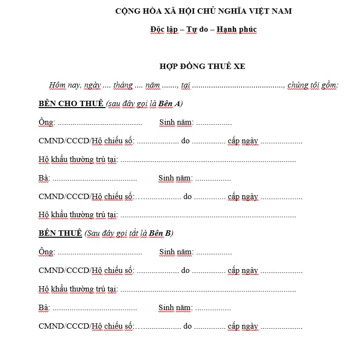 Mẫu vừa lòng đồng thuê xe mới nhất năm Mẫu hòa hợp đồng thuê xe tiên tiến nhất năm