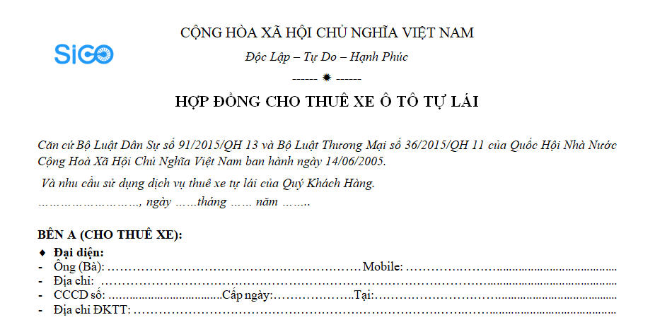 Mẫu hòa hợp đồng mướn xe tự lái tỐt nhẤt năm Mẫu hợp đồng mượn xe tự lái tỐt nhẤt năm